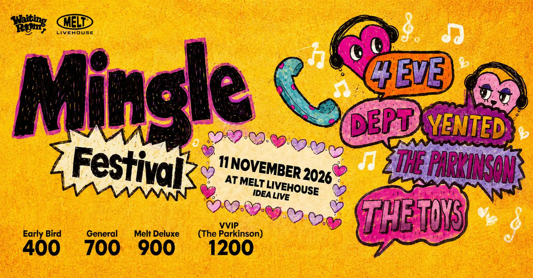 โปสเตอร์ MINGLE FESTIVAL 2026 ที่ MELT LIVEHOUSE พบ 4EVE DEPT YENTED THE TOYS และ THE PARKINSON